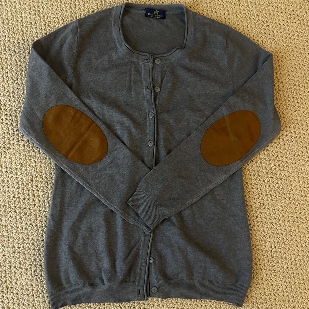 Classic Women's Gray Cardigan with Brown Elbow Patches